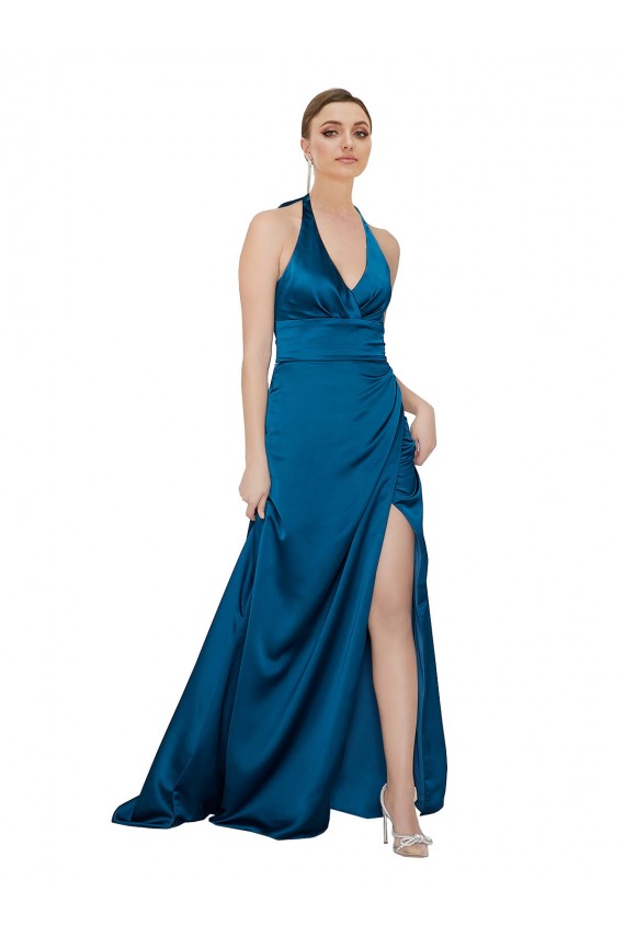 Open Back Peacock Blue A-Line Halter Neck Long Formal Evening Gown / Prom Dress / Bridesmaid Dress York