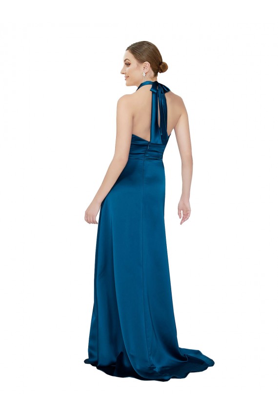 Open Back Peacock Blue A-Line Halter Neck Long Formal Evening Gown / Prom Dress / Bridesmaid Dress York