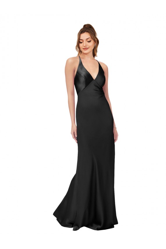 Open Back Black Sheath V-Neck Long Black Tie Evening Gown / Prom Dress / Bridesmaid Dress York