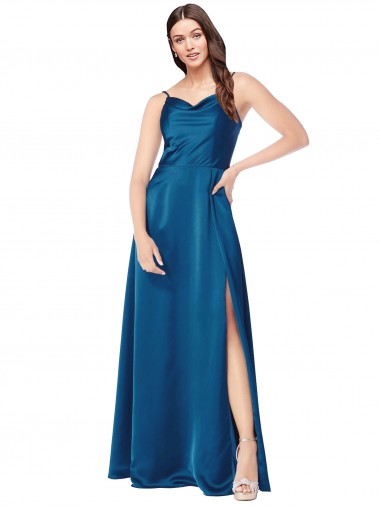 Low Back Peacock Blue A-Line Cowl Neck Long Formal Evening Gown / Prom Dress / Bridesmaid Dress York