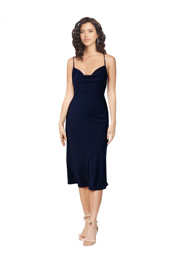 Open Back Dark Navy A-Line Cowl Neck Midi Length Formal Evening Gown / Prom Dress / Bridesmaid Dress York