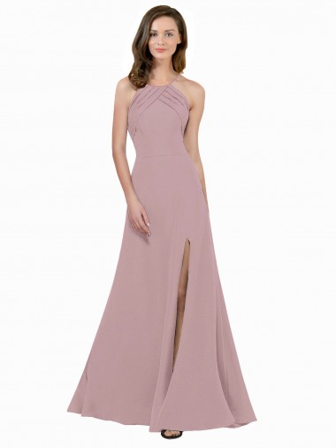 Keyhole Back Dusty Pink A-Line High Neck Long Prom Dress / Bridesmaid Dress York