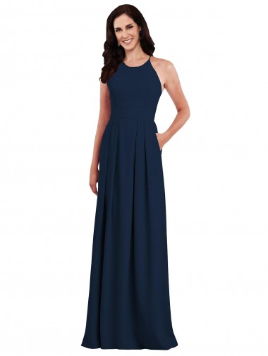 Open Back Dark Navy Trumpet Halter Neck Long Semi Formal Evening Dress / Bridesmaid Dress York
