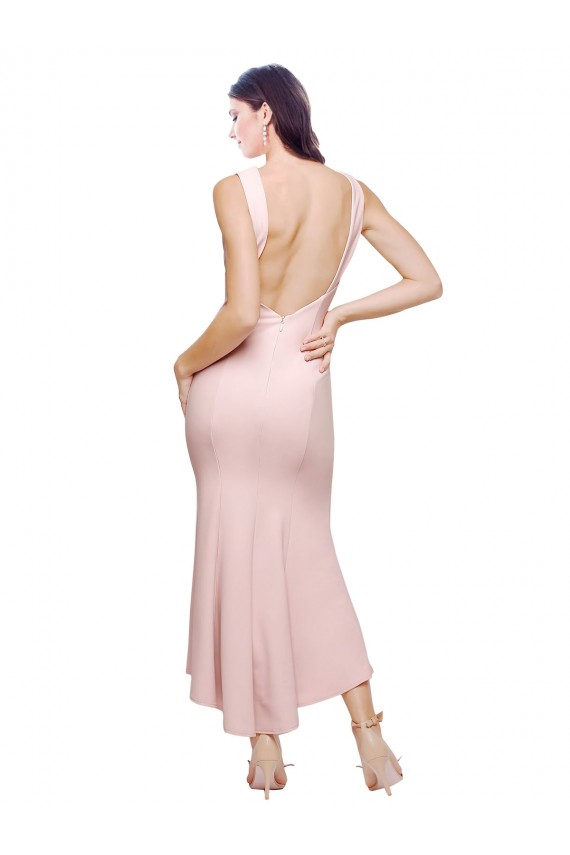 Low Back Pink Sheath High Neck Midi Length High Low Evening Gown / Prom Dress / Bridesmaid Dress York
