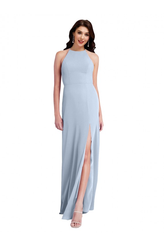 Open Back Light Sky Blue Sheath High Neck Long Formal Evening Gown / Prom Dress / Bridesmaid Dress York