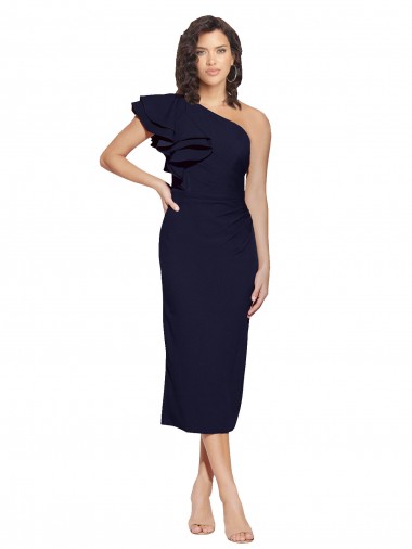 Dark Navy Sheath One Shoulder Midi Length Formal Evening Gown / Prom Dress / Bridesmaid Dress York