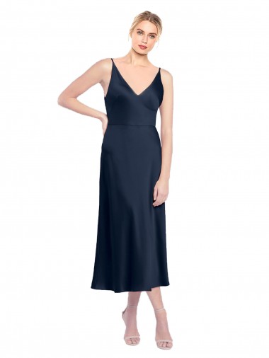 V-Back Dark Navy A-Line V-Neck Sleeveless Midi Length Formal Evening Gown / Prom Dress / Bridesmaid Dress York