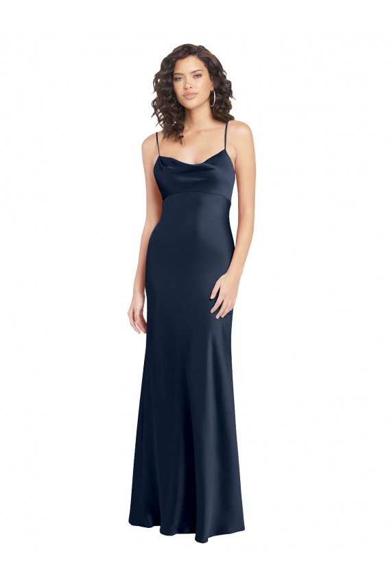 Open Back Dark Navy A-Line Cowl Neck Long Black Tie Evening Gown / Prom Dress / Bridesmaid Dress York