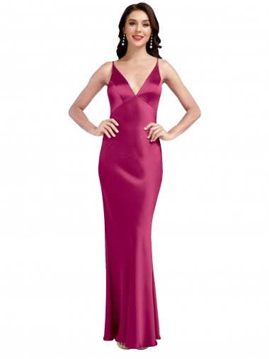 Low Back Fuchsia A-Line V-Neck Long Formal Evening Gown / Prom Dress / Bridesmaid Dress York