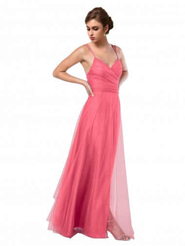 V-Back Watermelon A-Line Spaghetti Straps Long Bridesmaid Dress York