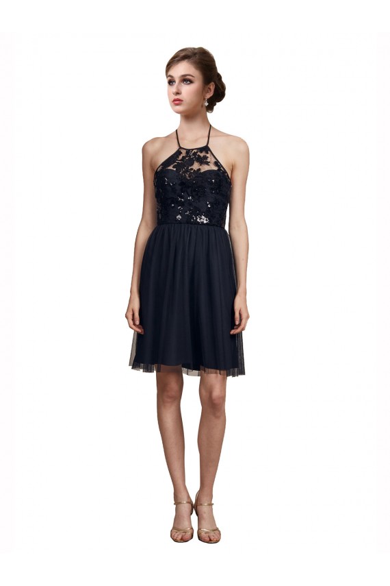 Black A-Line Halter Neck Knee Length Bridesmaid Gown York