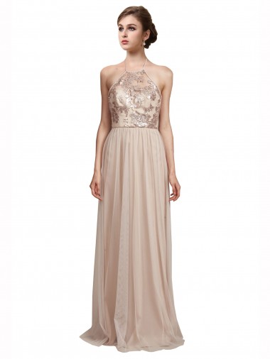 Nude A-Line Halter Neck Long Bridesmaid Dress York