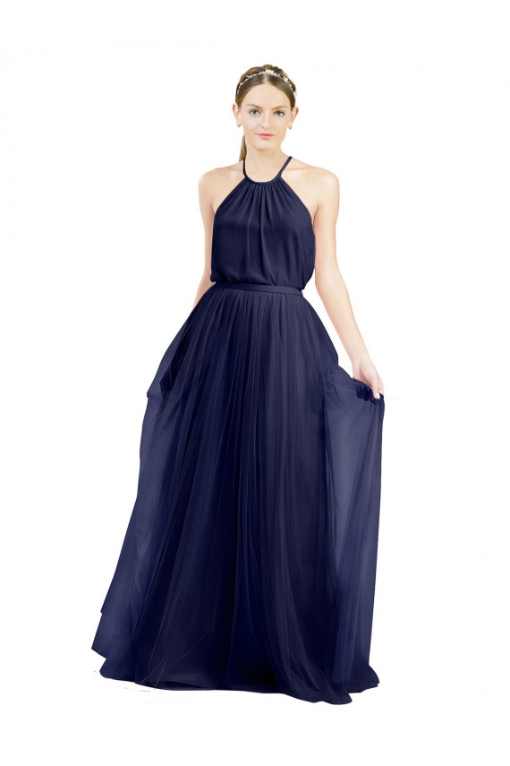 Navy Blue A-Line High Neck Long Semi Formal Evening Dress / Bridesmaid Dress York