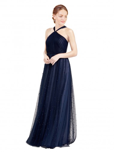 Navy Blue A-Line Halter Neck Long Bridesmaid Dress / Evening Dress York