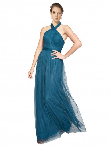 Open Back Teal Green A-Line High Neck Long Bridesmaid Dress York
