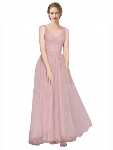 V-Back Pink A-Line V-Neck Long Bridesmaid Dress York
