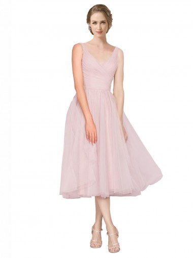 V-Back Pink A-Line V-Neck Tea Length Bridesmaid Dress York