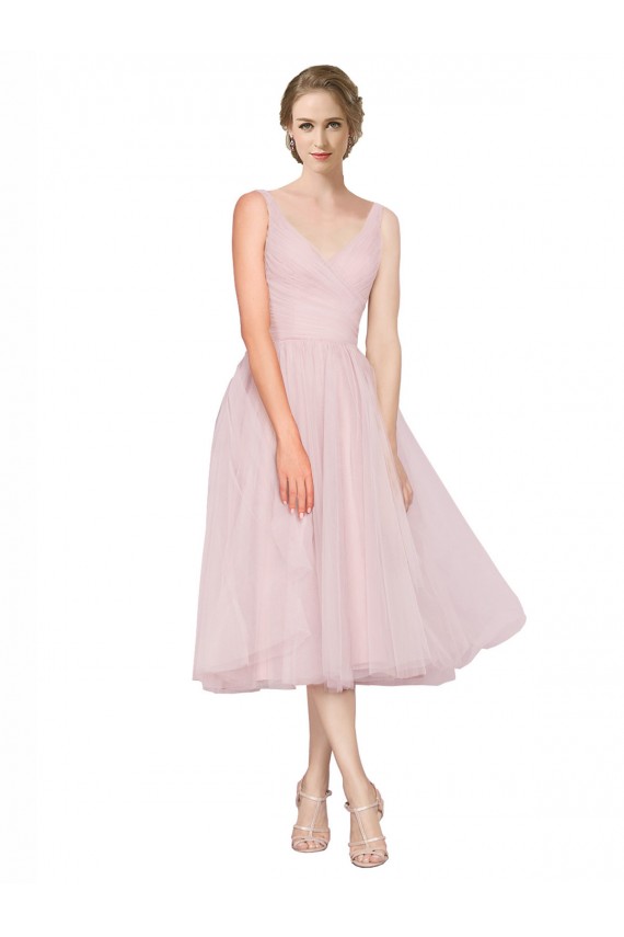 V-Back Pink A-Line V-Neck Tea Length Bridesmaid Dress York