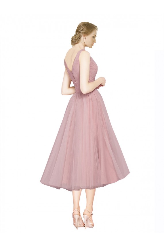 V-Back Pink A-Line V-Neck Tea Length Bridesmaid Dress York