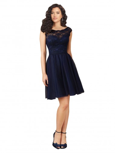 V-Back Dark Navy A-Line Bateau Neck Knee Length Bridesmaid Dress York
