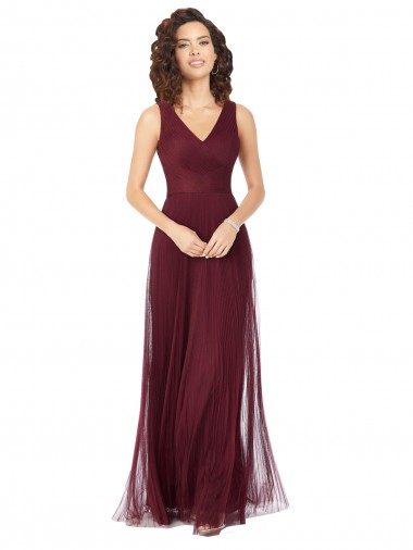 Burgundy Gold A-Line V-Neck Long Bridesmaid Dress York