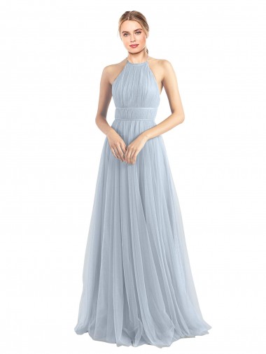 Open Back Light Sky Blue A-Line Halter Neck Long Bridesmaid Dress York