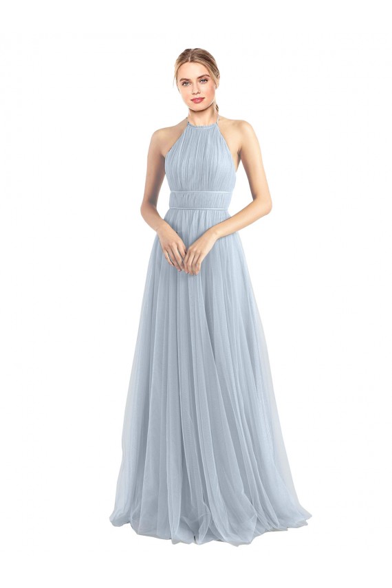 Open Back Light Sky Blue A-Line Halter Neck Long Bridesmaid Dress York