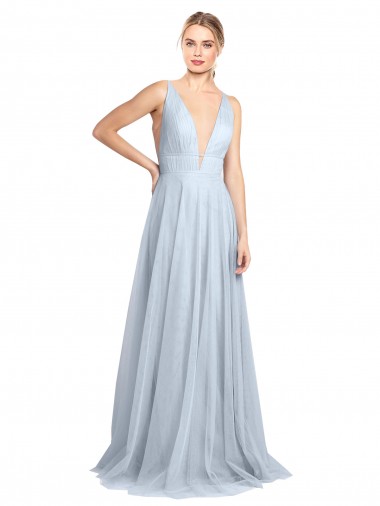 V-Back Light Sky Blue A-Line V-Neck Long Floor Length Bridesmaid Dress York