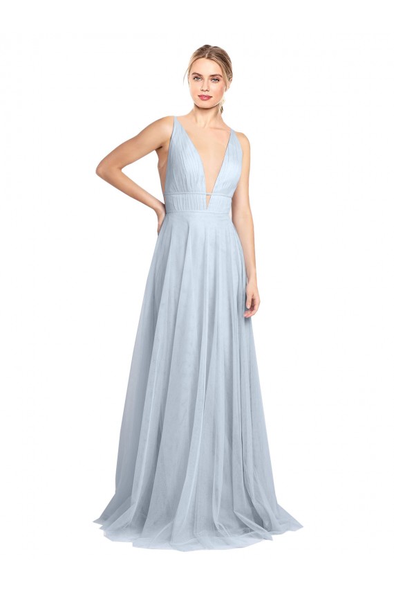 V-Back Light Sky Blue A-Line V-Neck Long Floor Length Bridesmaid Dress York