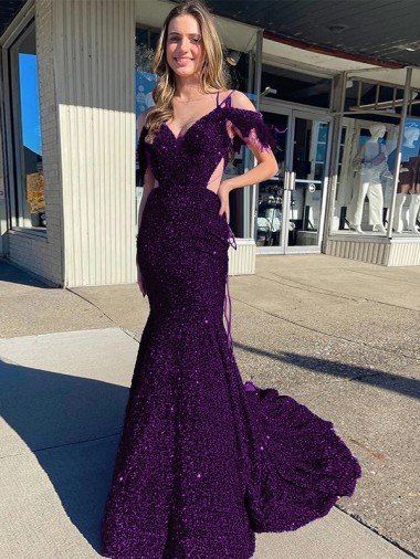 Plum Purple Sheath V-Neck Court Train Prom Dress / Evening Dress York