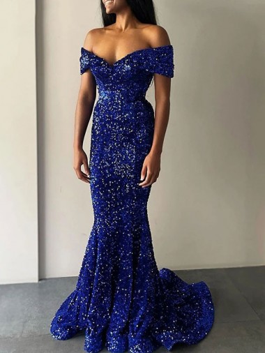Royal Blue Mermaid Off the Shoulder Sweep Train Prom Dresses York