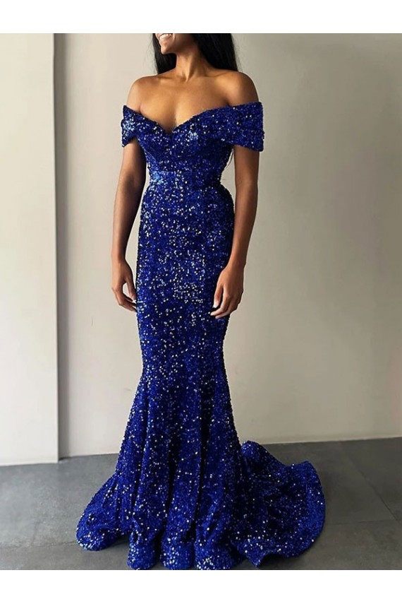 Royal Blue Mermaid Off the Shoulder Sweep Train Prom Dresses York
