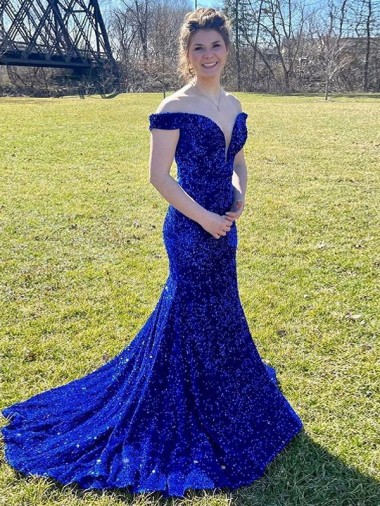 Royal Blue Sheath Off the Shoulder Sweep Train Prom Dress York