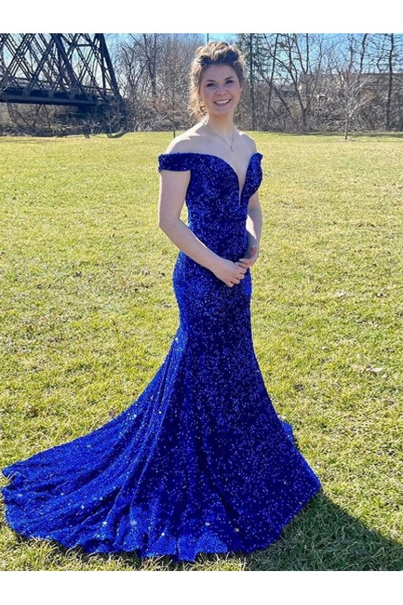 Royal Blue Sheath Off the Shoulder Sweep Train Prom Dress York
