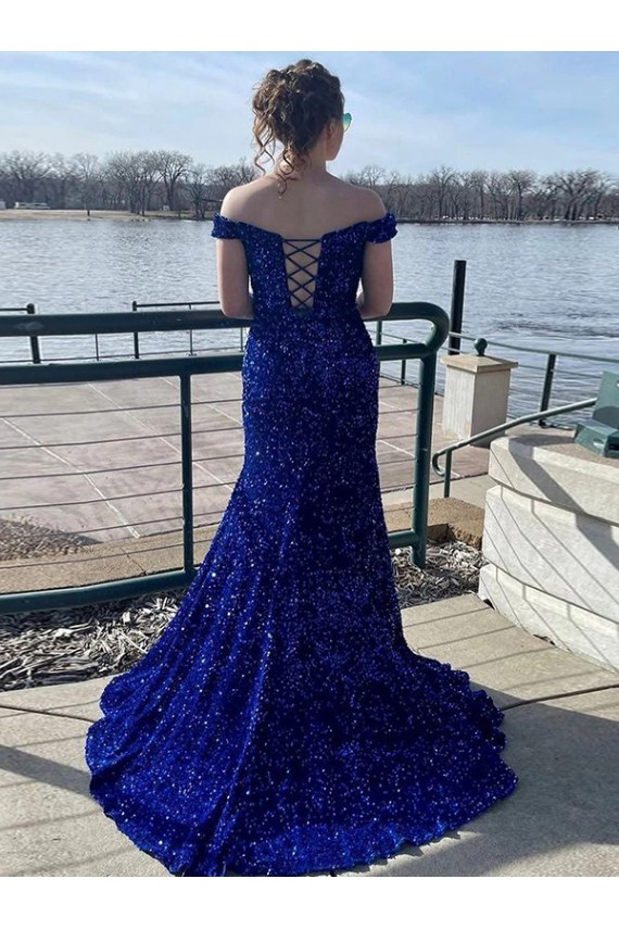 Royal Blue Sheath Off the Shoulder Sweep Train Prom Dress York
