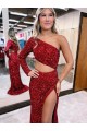 Burgundy Mermaid One Shoulder Long Sleeves Sweep Train Evening Dress York
