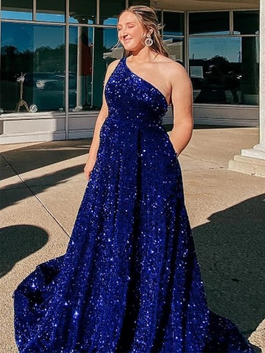 Royal Blue A-Line One Shoulder Sweep Train Prom Dress / Evening Gown York