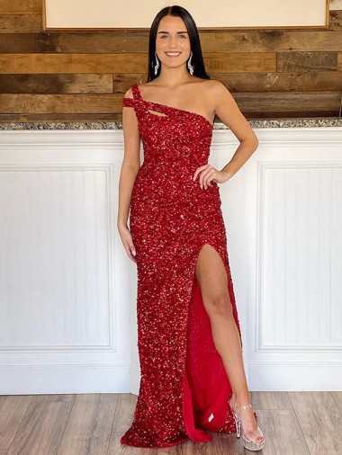 Burgundy Sheath One Shoulder Sweep Train Prom Dress York