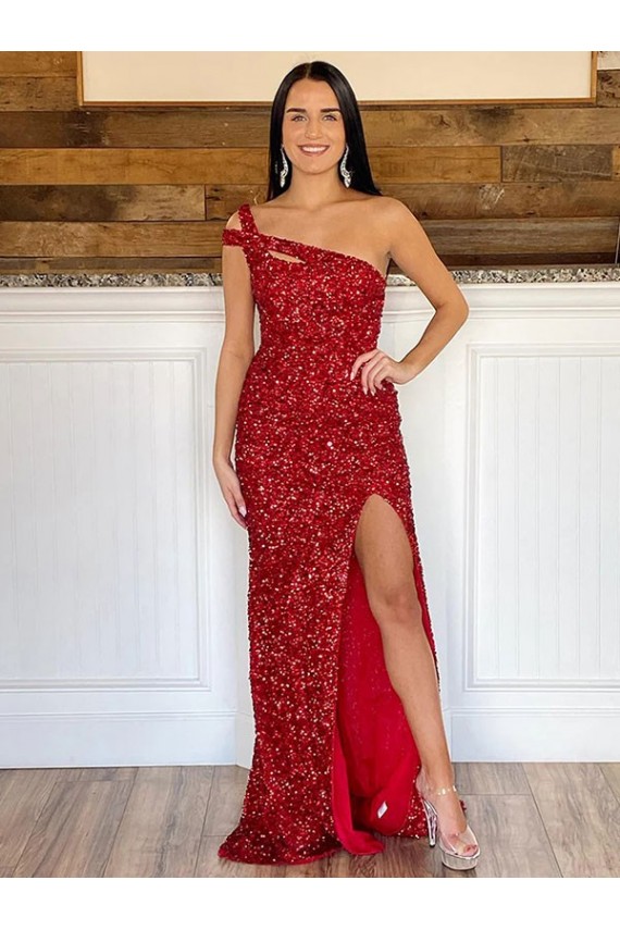 Burgundy Sheath One Shoulder Sweep Train Prom Dress York