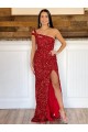 Burgundy Sheath One Shoulder Sweep Train Prom Dress York