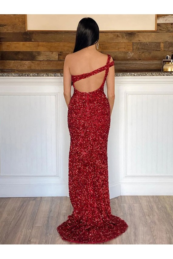 Burgundy Sheath One Shoulder Sweep Train Prom Dress York