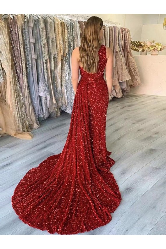 Burgundy Sheath One Shoulder Court Train Prom Dress York