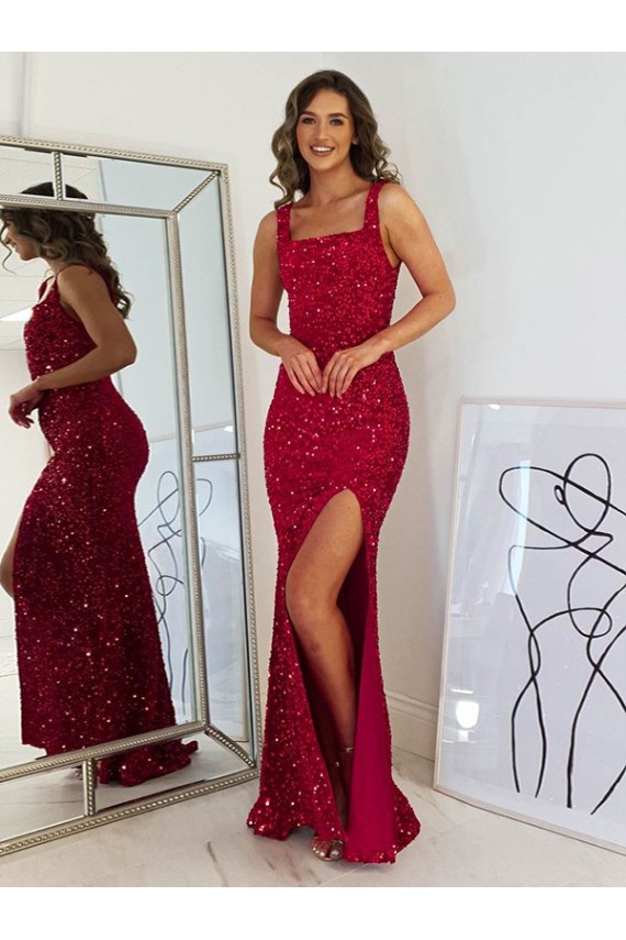 Burgundy Sheath Square Neck Long Prom Dress York