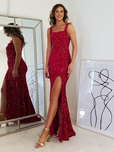 Burgundy Sheath Square Neck Long Prom Dress York