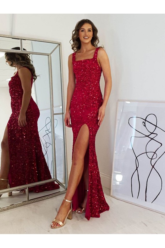 Burgundy Sheath Square Neck Long Prom Dress York