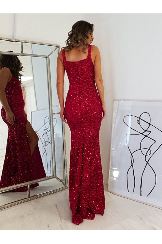 Burgundy Sheath Square Neck Long Prom Dress York