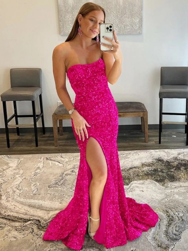 Fuchsia Sheath Strapless Sweep Train Prom Dress York