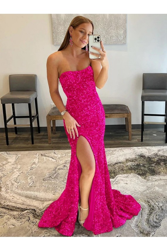 Fuchsia Sheath Strapless Sweep Train Prom Dress York