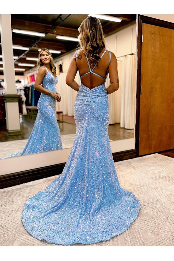 Periwinkle Sheath V-Neck Sweep Train Evening Gown York