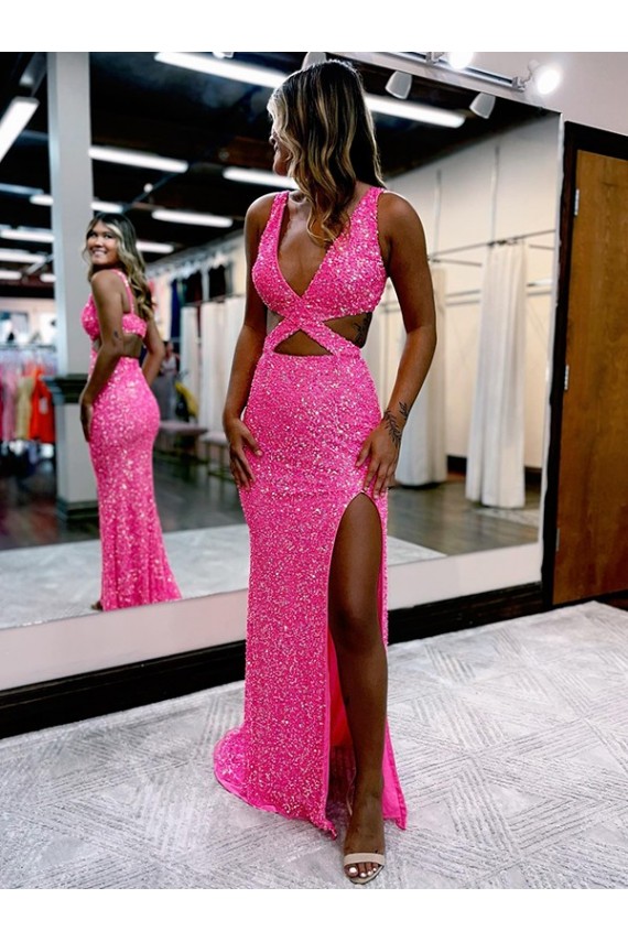 Shown Color Sheath V-Neck Long Sweep Train Evening Dress York